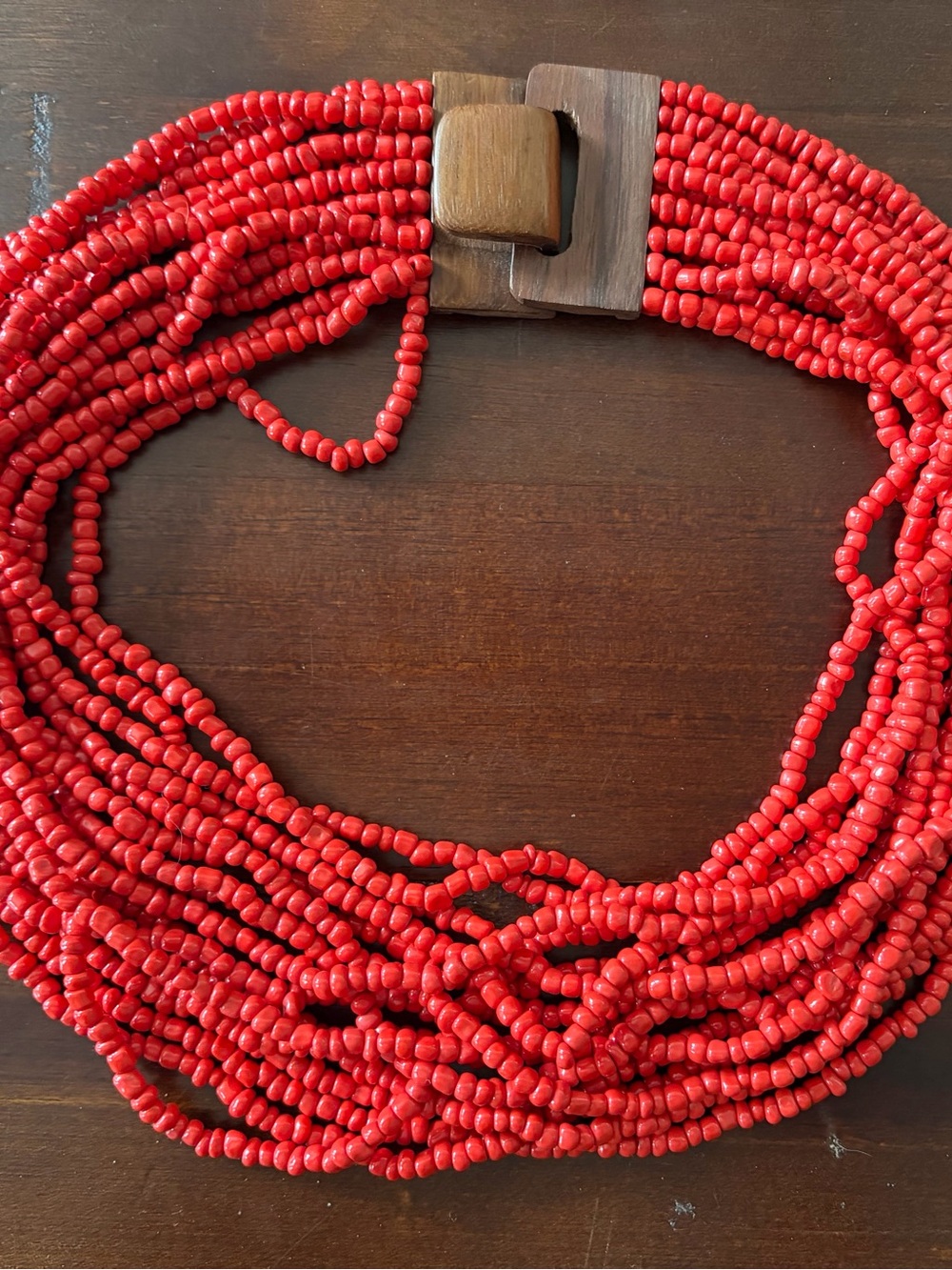 Handcrafted Red Multi-Strand Beaded Necklace with Wooden Clasp - Women Jewelry